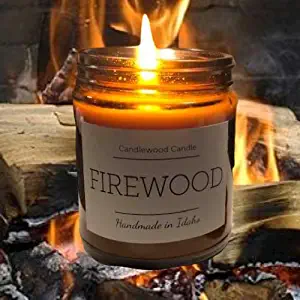 FIREWOOD - Authentic Wood Fireplace Scent - Cotton Wick - Candle in Amber Jar with Black Lid 9 oz Best Seller Since 2012