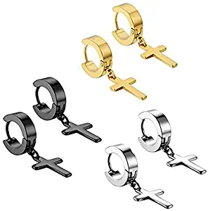 YZstyle Stainless Steel Cross Dangle Huggie Hinged Hoop Earrings for Men Women, Black/Silver/Gold