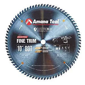 Amana Tool 610800C Electro Blu Carbide Tipped Trim 10 Inch D x 80T ATB, 10 Deg, 5/8 Bore, Non-Stick Coated Circular Saw Blade