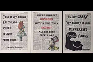 Parksmoonprints 3 X Alice in Wonderland Quotes Prints Vintage Dictionary Page Wall Art Pictures Mad Hatter Cheshire Cat