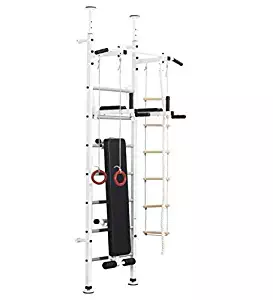 Indoor Family Gymnastic: Swedish Wall - AB Weight Bench - Pull-Up Bar- Dip Bar - Chin Up Bar - Kids Rope Ladder and Gymnastics Rings - Home Gym - Fitness Station - Wall or Ceiling & Floor Mount