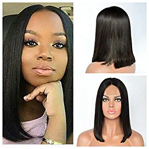 Poliga Hair Human hair Short Bob Wig Straight Middle Part Machine Made wiht Aittle Lace in the Middle Natural Color 14 inches (Natural Color)