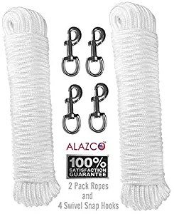2 ALAZCO 80 ft. Extra Strong Diamond Braid Polypropylene Multi-Purpose Flag Line Rope - Weather Resistant Shock Absorbent Heavy Duty Poly 3/16’’ Thick – They Come with 4pc Swivel Snap Hooks