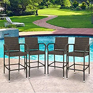 Nova Microdermabrasion Wicker Barstool Outdoor Patio Furniture Bar Stools All Weather Rattan Chair w/Armrest and Footrest for Garden Pool Lawn Porch Backyard, Set of 4