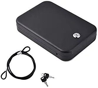 jasit Metal Lockable Gun Case & Security Box, Portable Steel Handgun Safe & Case for Guns or Other Valuables, Pistol Case with Security Cable for Car, Measures 9.5” x 6.5” x 1.75”, Black