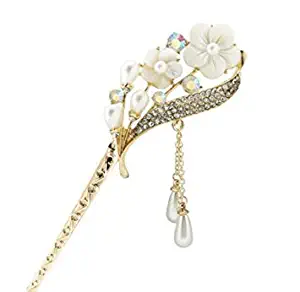 FINGER LOVE Shell Flower with Pearl Crystal Rhinestone Gold Finish Hair Stick Tassels (A)