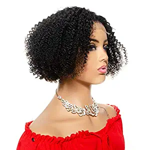 Amztmy Short Bob Afro Kinky Curly Wigs Glueless 4X4 Lace Front Closure Human Hair Wigs For Women 8inch Brazilian Hair Wigs Africa America 130% Density Middle Part Natural Black Hair