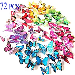 72PCS 3D Butterfly Wall Decor Stickers Decorations for Home, Kitchen, Nursery, Room and Party Decorations, 6 Colors and 4 Sizes, Removable and Reusable (Single Wing)