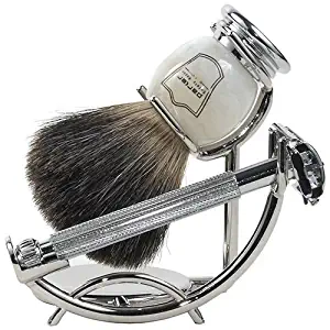 Parker 29L Safety Razor Shave Set - Includes Black Badger Brush, Stand & Parker 29L Butterfly Open Safety Razor