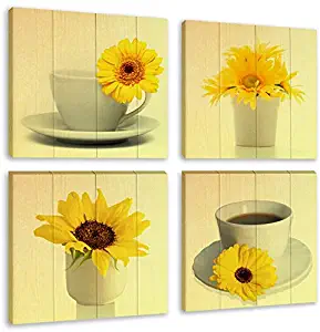 Flower Painting Wall Art Blooming Sunflower Coffee Cup Modern Still Life on Wood Background 4 Piece Canvas Picture Artwork for Kitchen Room Home Decor