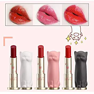 Girls Gift 3 in 1 Cute Cat Shape 3 Color Moisturizing Long Lasting Matte Red Brown Lipstick Lip Balm Gift Set