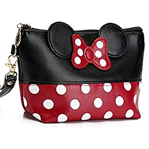 Cartoon Leather Travel Makeup Handbag, Cute Portable Cosmetic bag Toiletry Pouch for Women Teen Girls Kids (Black)