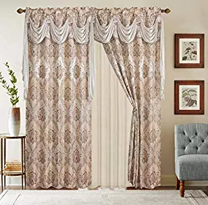 Jacquard Window 63 Inch Length Curtain Drapes w/Attached Valance Scarf + Sheer Backing + 2 Tassels, Traditional 63" Floral Curtain Drape for Living/Dining Rooms, Rod Pocket - Beige