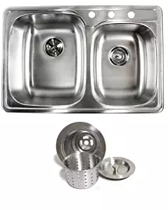 33 Inch Top-mount / Drop-in Stainless Steel Double Bowl Kitchen Sink - 18 Gauge with Deluxe Liift Out Strainer