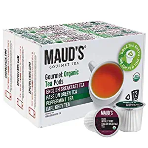 Maud's Organic Tea Variety Pack, 36ct. Recyclable Single Serve Organic Tea Pods: Green Tea, Peppermint Tea (Decaf Tea), English Breakfast Tea & Earl Grey Tea Black Teas, Keurig Tea K Cups Compatible