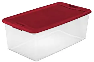 Sterilite 14996604 Storage box, 106 Quart/ 100 Liter, clear base with Rocket Red lid and latches