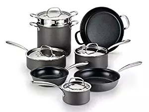 Lagostina H904SC64 Nera Hard Anodized Nonstick 12-Piece Cookware Set with Hammered Stainless Steel Lids, Dishwasher Safe,Grey