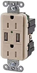 Straight Blade Devices, Receptacles, Duplex, Dual USB Type 2.0 ports 3.8 Amp, 5 Volt DC, 15A 125V, 2-Pole 3-Wire Grounding, 5-15R, Light Almond