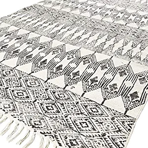 Eyes of India - 8 X 10 ft Black White Cotton Block Print Area Dhurrie Rug Flat Weave Woven Tassel Boho Chic Indian Bohemian Accent Handmade Handwoven