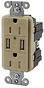 Straight Blade Devices, Receptacles, Duplex, Dual USB Type 2.0 ports 3.8 Amp, 5 Volt DC, 15A 125V, 2-Pole 3-Wire Grounding, 5-15R, Ivory